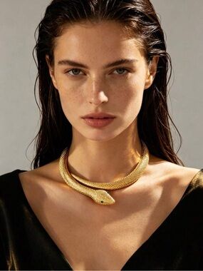 Gold Snake Collar Necklace with Green Eyes